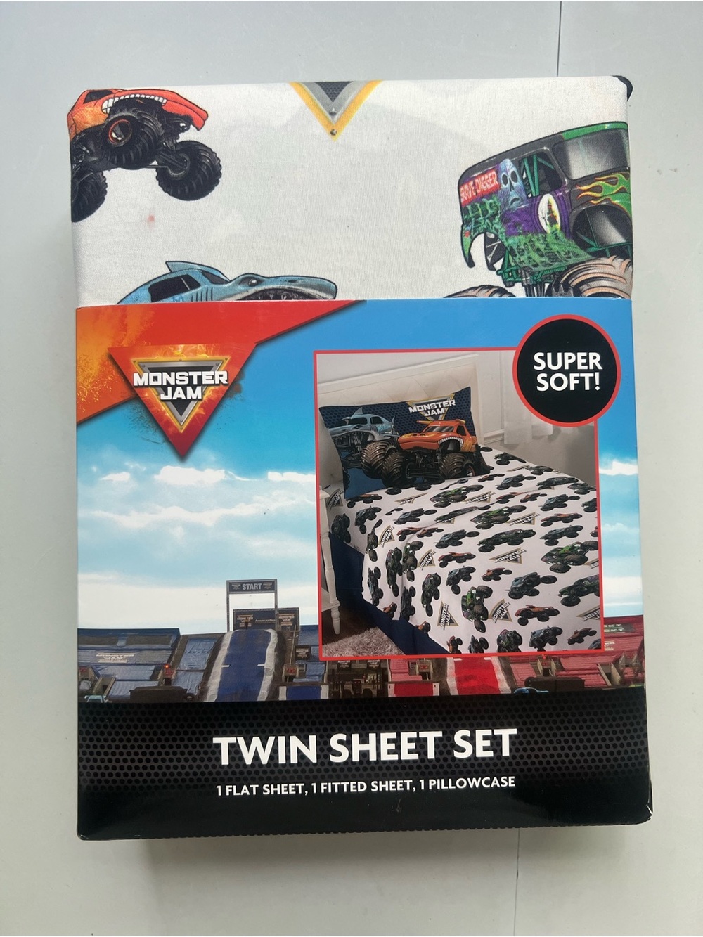 Monster Jam Twin Sheet Set 3 Pc Grave Digger Megalodon Kids Bedding